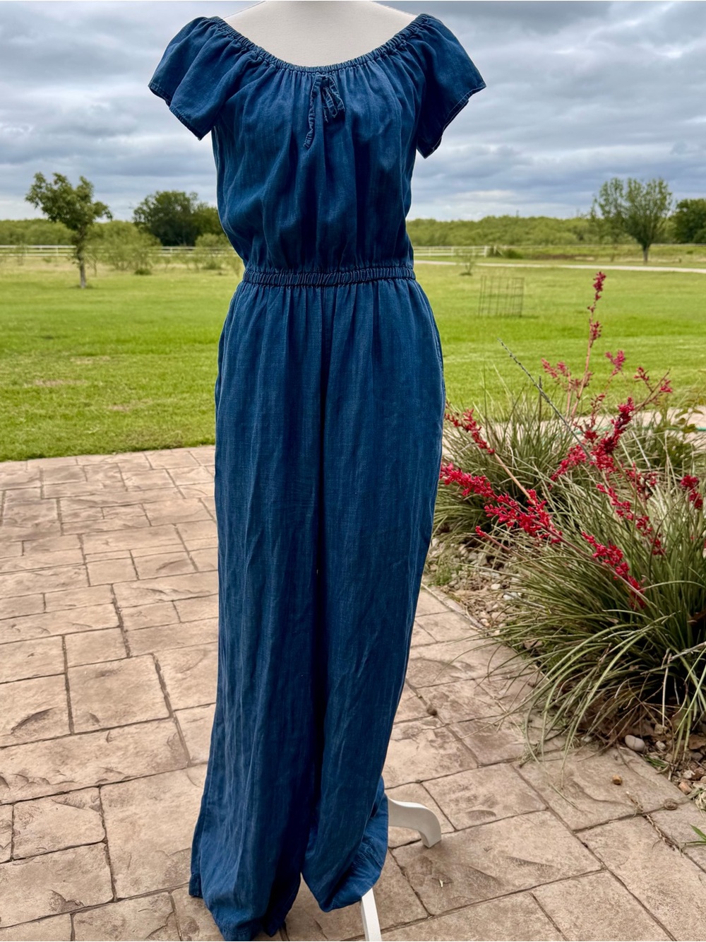 Max Jean, chambray, off shoulder jumpsuit; M, wide leg